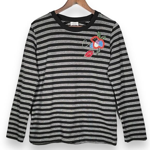 Zara Trafaluc Knit‎ Sweater Women Size L Pullover Black Gray Striped Beaded - Picture 1 of 10